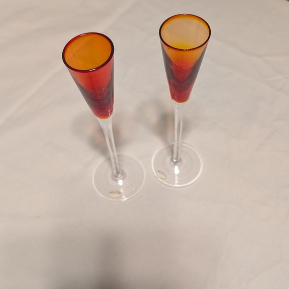 Mid Century Modern Dainty Candlestick Holder Set In Orange and Clear Glass - Picture 6 of 6